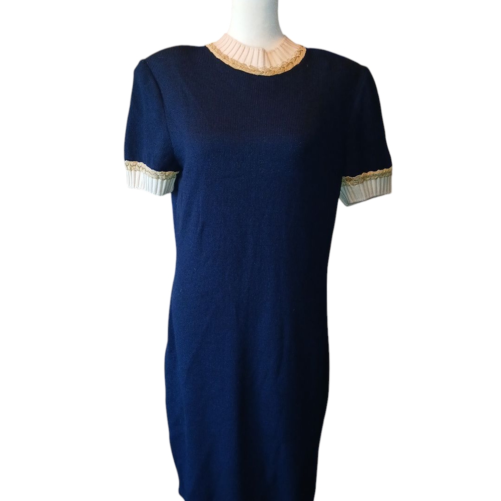 ST. JOHN COLLECTION by MARIE GRAY Elegant Navy Dress with Cream Accents Sz. 8